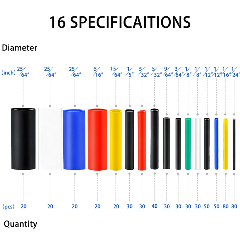 Tube thermorétractable 2:1, tube thermorésistant, kit d'emballage thermorétractable, gaine d'isolation de câble de fil électrique, 1 ensemble, 580 pièces