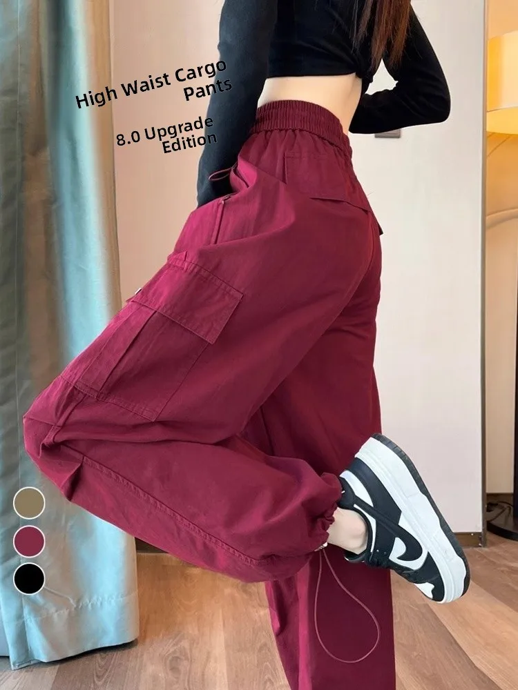 Ankela Red American Style Work Pants Women Early Autumn Straight Leg Wide Leg Loose Cuffed Mountain Sports Pants Women Spring...