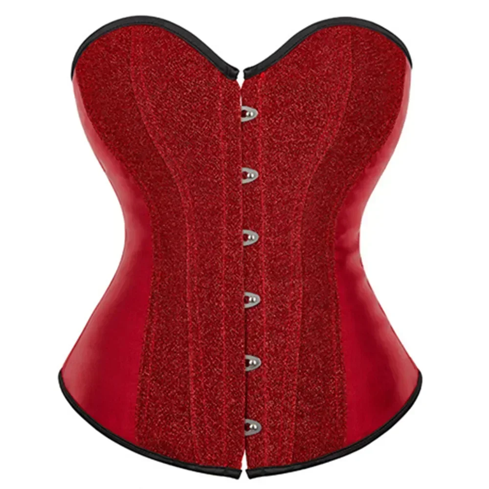 Corsetto rosso glitter Top Bustier da donna sexy Corsetto overbust con paillettes in raso Retro disossato con lacci Corsetti modellanti in vita aderenti