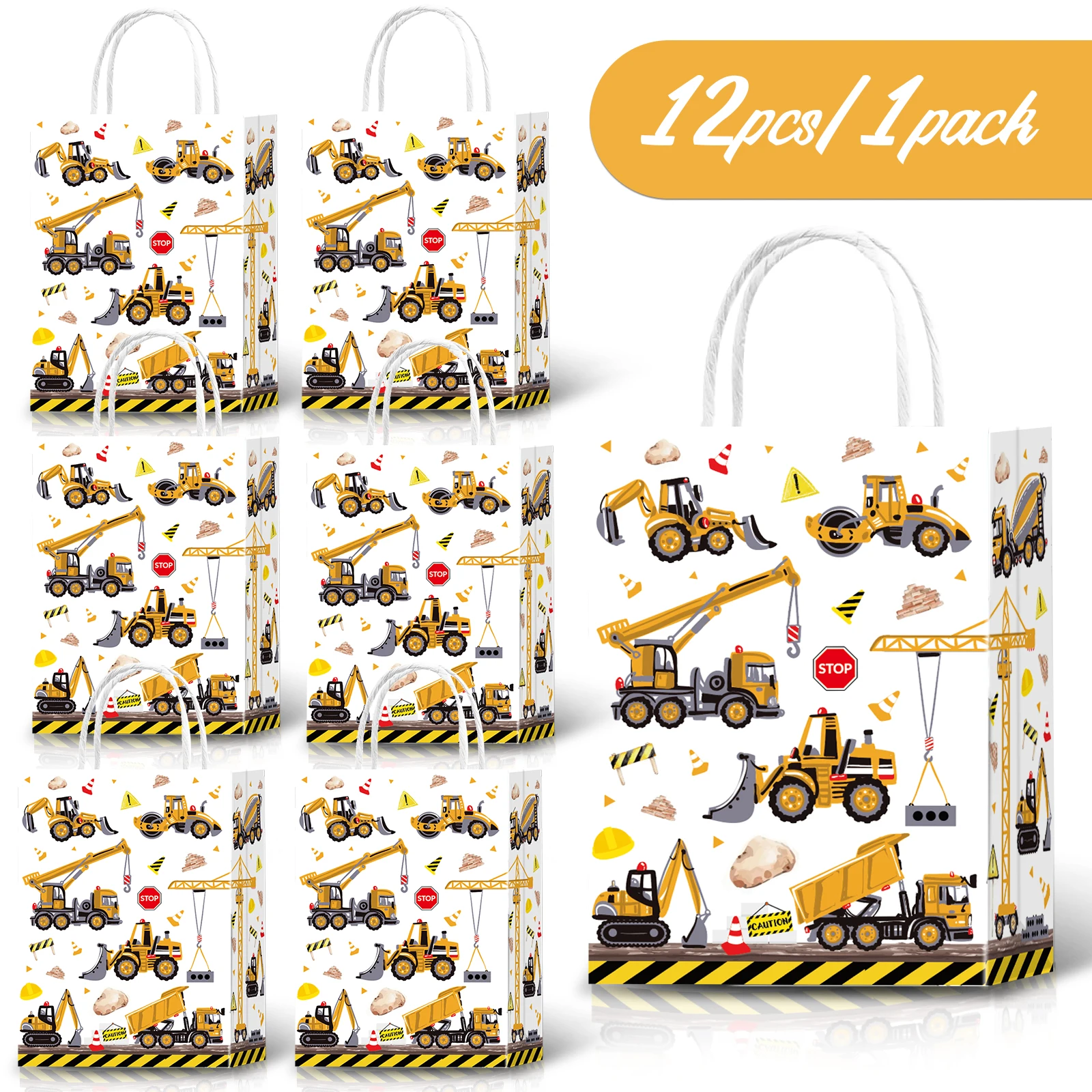 12 Stück Baustellen-Geschenktüten, Baustellen-Partytaschen, Bagger-Partytaschen, tragbare Papiertüten, Bagger-Geburtstagsgeschenk