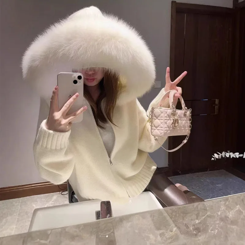 Korean Autumn and Winter Knitted Cardigan Women's Loose Casual Versatile Long Sleeved Fur Collar Hooded Sweater Jacket Women