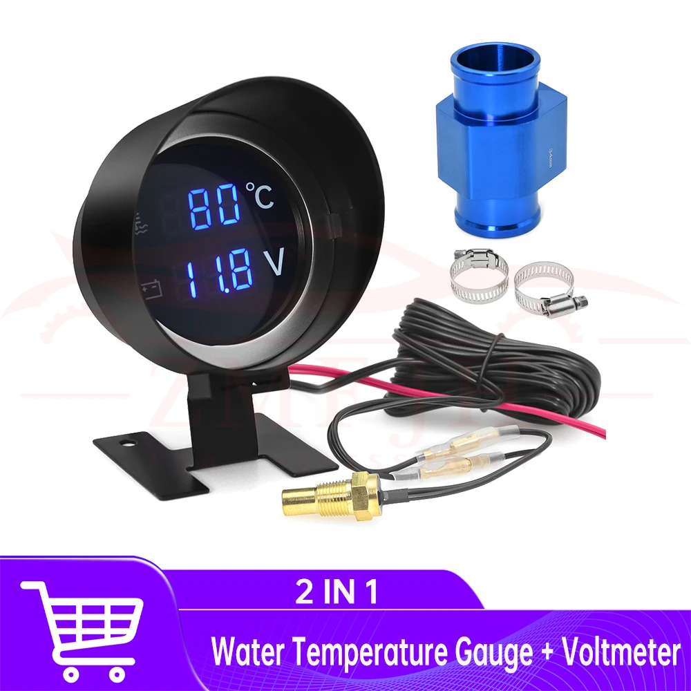 2 IN 1 Water Temperature Gauge Digital Led Voltmeter Water Temp Joint Pipe Sensor Car Truck Motorcycle Car Temperature Sensor