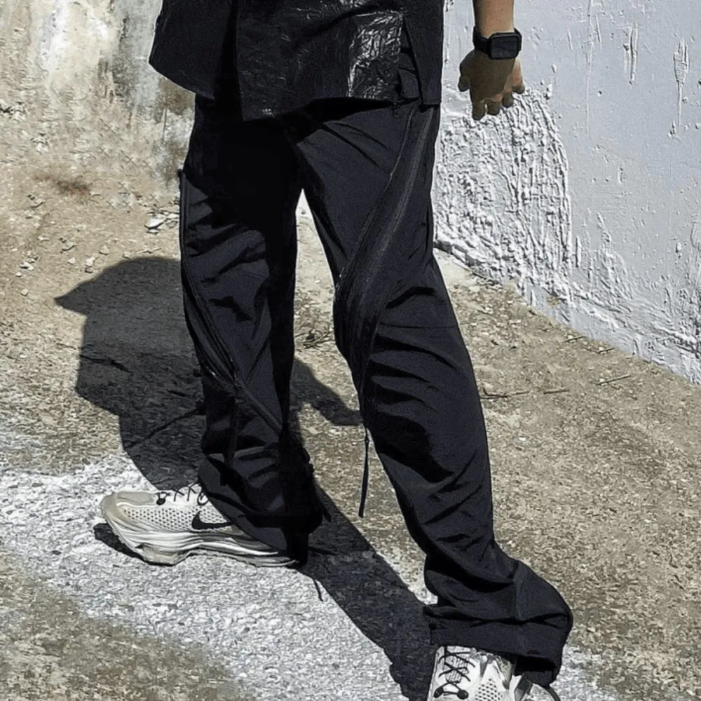 Black Zipper Overalls Deconstructed Trousers High Street Nylon Pants Men and Women