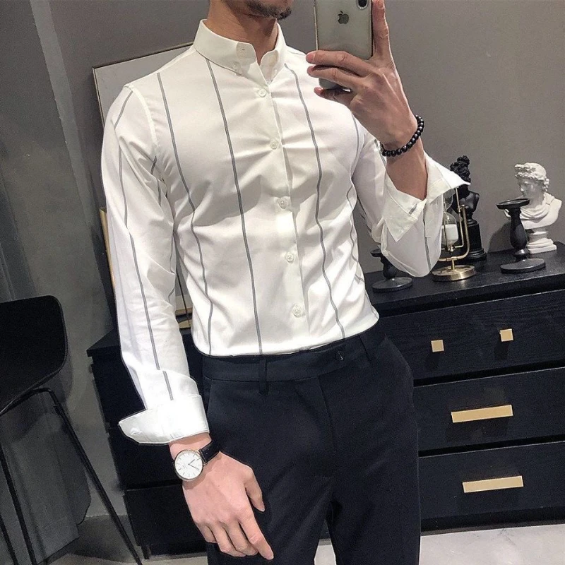 Men\'s Shirt Korean Fashion Stripe Basic Style Non-ironing Slim Fitting Suit POLO Collar Single Breasted Fashion Casual Commute