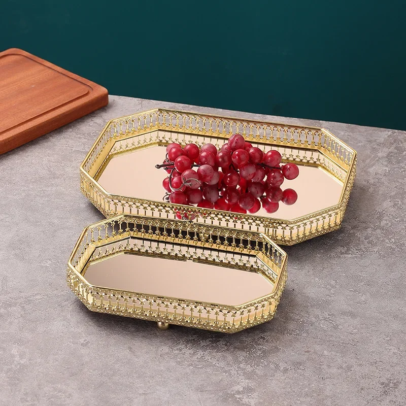 Light Luxury Mirror Metal Tray Cafe Restaurant Home Entrance Storage Tray Sample Pose Decoration Props Trays Decorative