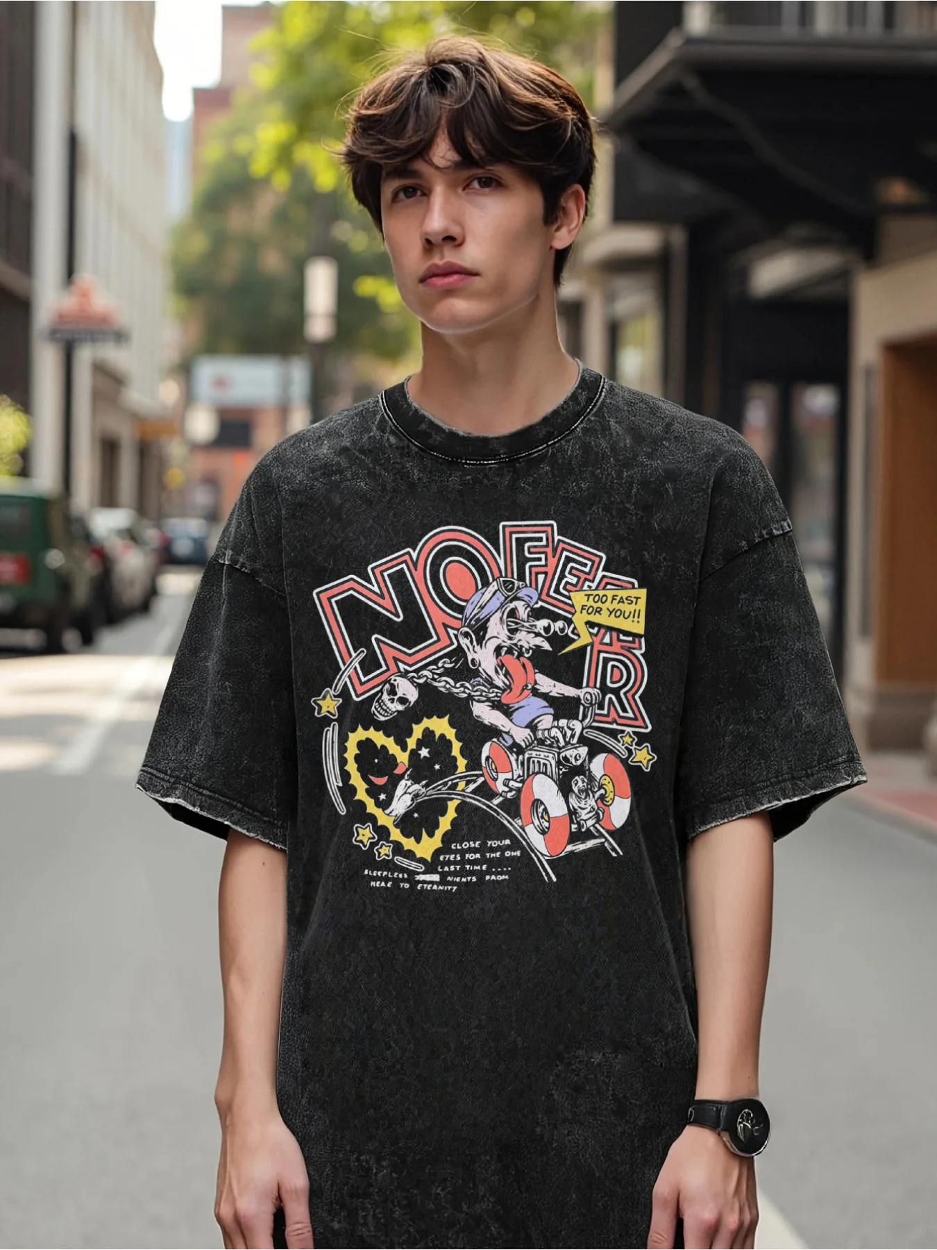Men's Vintage Washed D-Shape T-Shirt - Black Vintage Motorcycle and Noef Letter Print, Featuring Edge-Skull and Motorcycle Graphics, Loose Fit Casual Streetwear T-Shirt, Suitable for Motorcycle Enthusiasts' Style, Festivals, and Everyday Wear, Graphic T-Shirt for Men