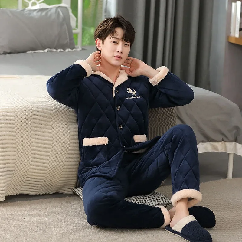 

2024 New Winter Men's Pajamas Three Layers of Cotton Thickened Plush Coral Velvet Warm Flannel Cotton Jacket Homewear Set