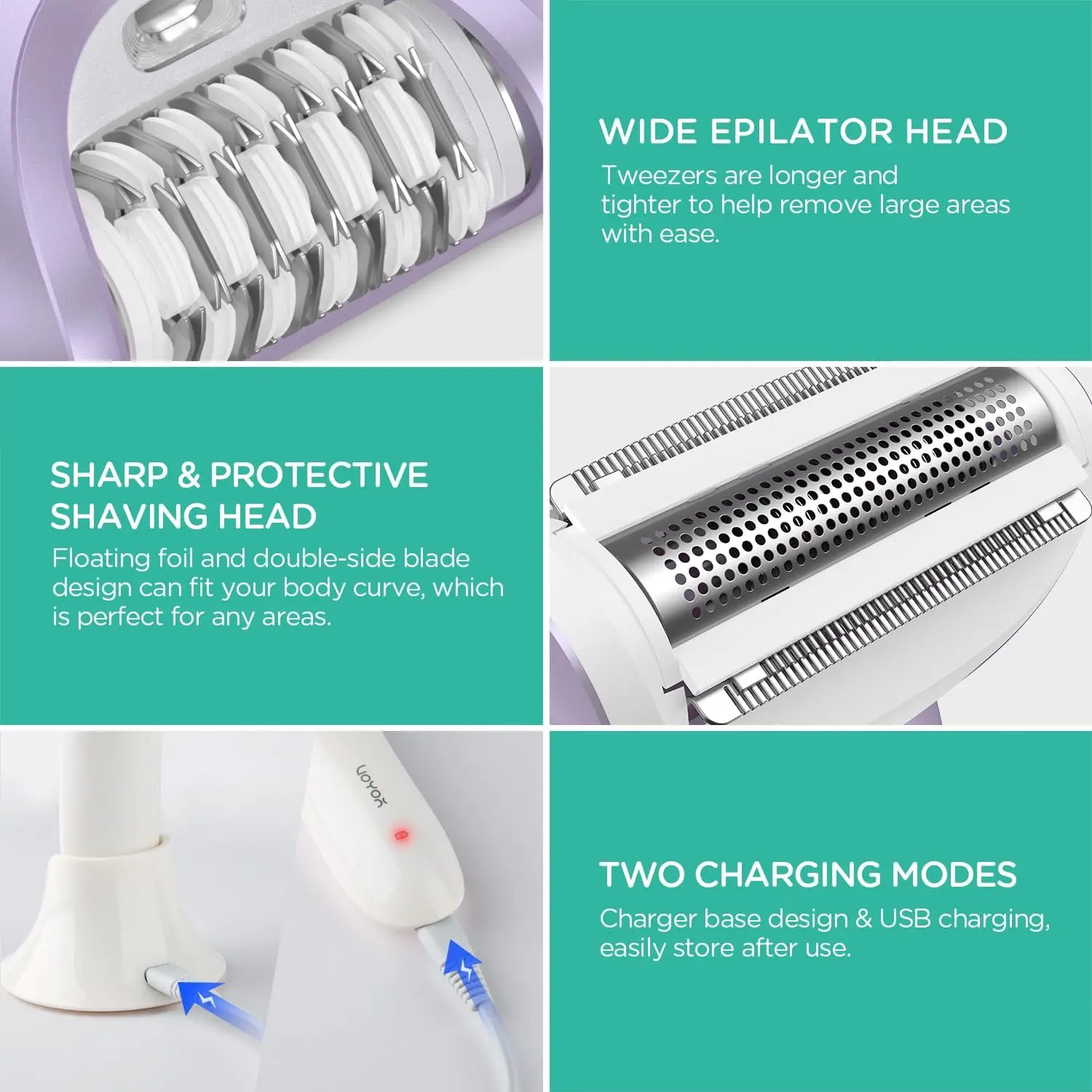 Cordless Epilator for Women, 3-in-1 Rechargeable Hair Removal Device with 30 Tweezers, Wet & Dry Use, Purple BM300