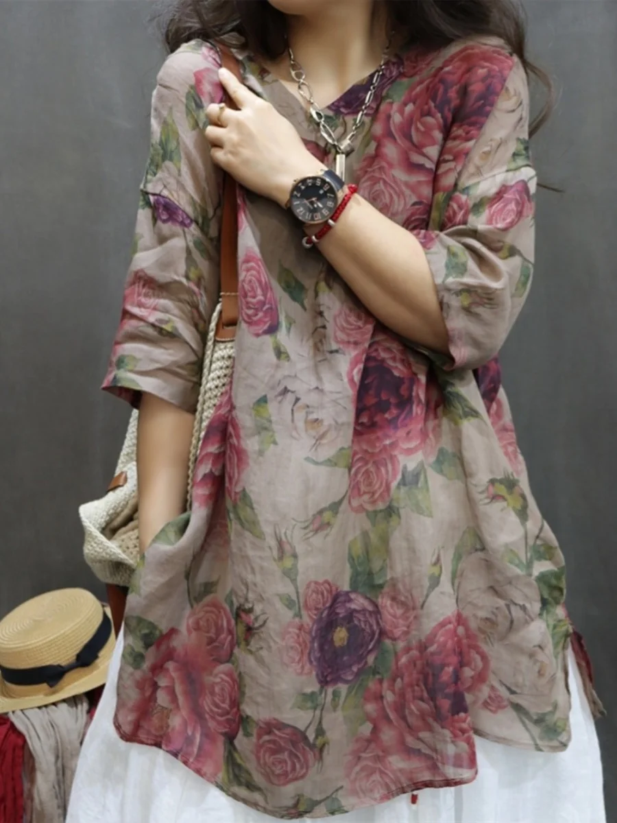 Camicetta stampata ampia di fascia alta Camicetta etnica vintage Sle Svel V-Ne Lino Casual irt Top estivo Faion da donna