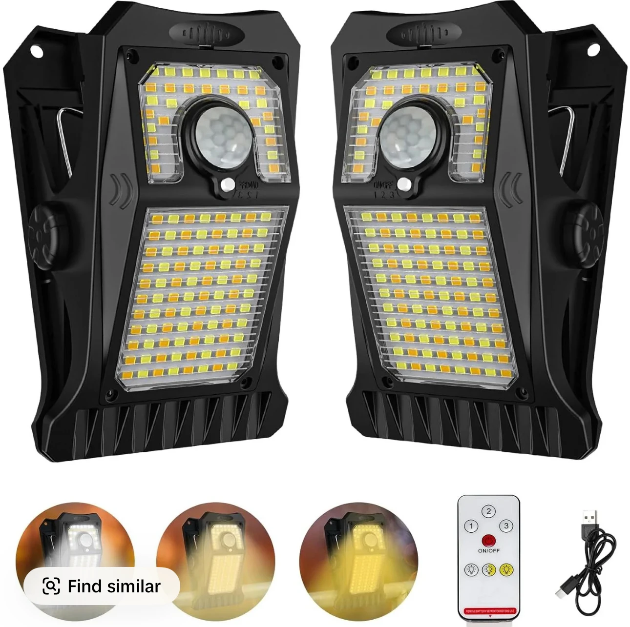

118LED USB и солнечные зажимы для зарядки, автоматическое включение/выключение с датчиком движения, 4 цвета освещения, регулируемый фонарик, пульт дистанционного управления