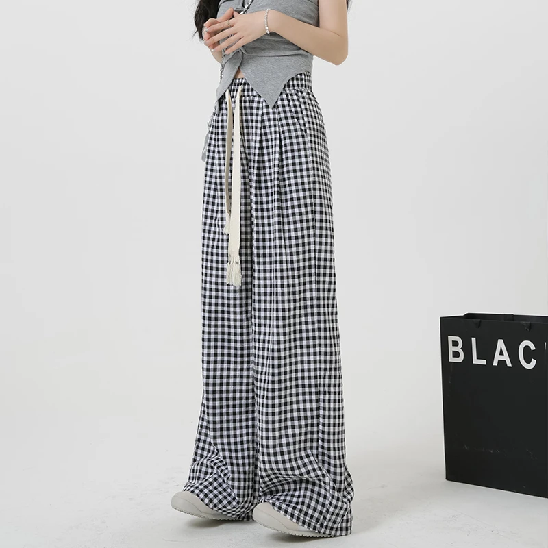 Casual Oversize Women Sweatpants Fashion Black Plaid Wide Leg Pants Baggy Elastic Waist Pockets Student Hip Hop Loose Trousers