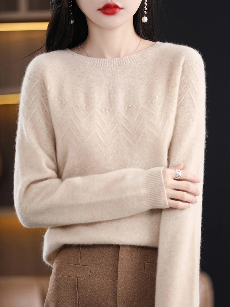 Autumn Winter Women’s O-neck Sweater Pullover 100% Merino Wool Knitwear Raglan Sleeve Comfortable Grace Vintage Clothing Tops