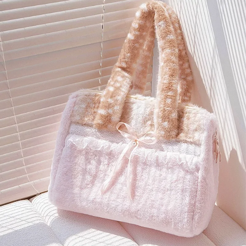

New Plush Lace Girl Shoulder Bag Fashion Cute Plush Versatile Crossbody Bag Lady Handbag Tote Bag