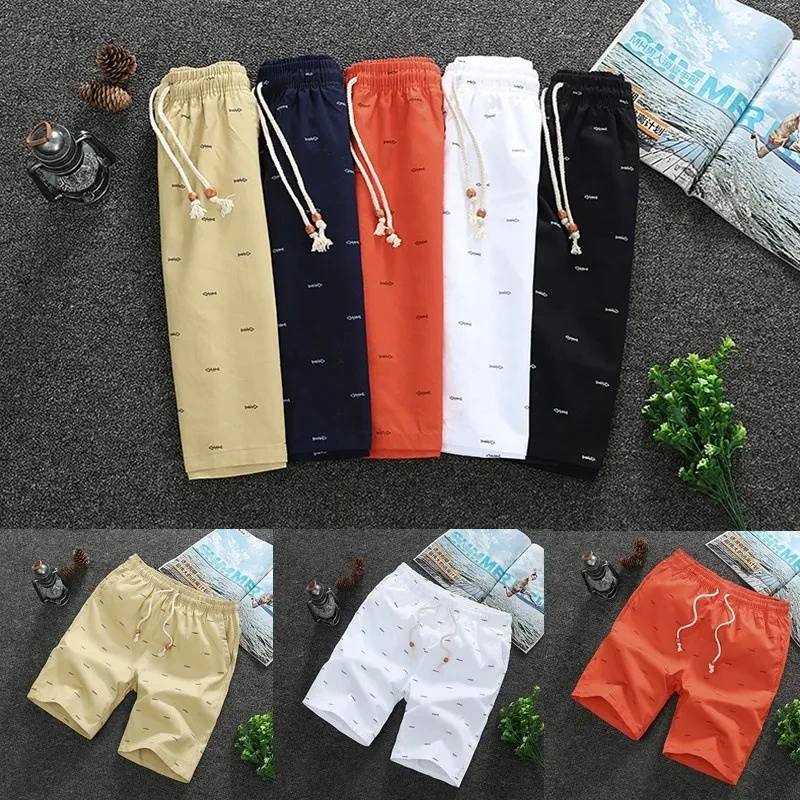 Summer Men Shorts Fitness Sport brand Elastic Waist Drawstring Cotton Shorts Summer Calf-length Design Fish bone printing M-5XL