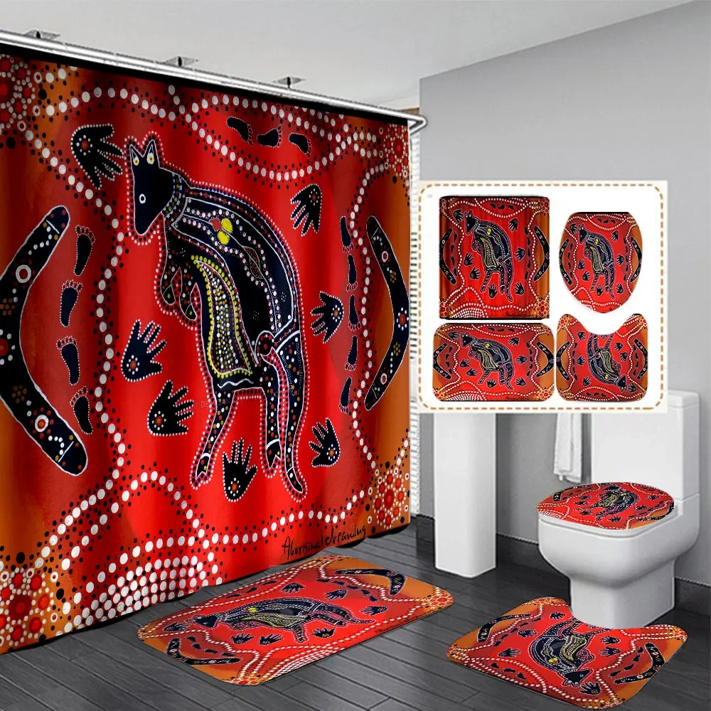 Australia Indigenous Painting Art 3D Print Shower Curtain Waterproof Bathroom Curtain Anti-slip Bath Mat Set Toilet Rug Carpet