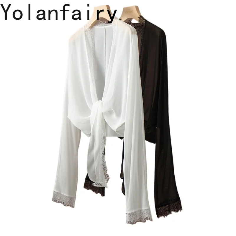 YOLANFAIRY New 100% Mulberry Silk Tops for Women Open Shawl Lace Splicing Long Sleeve Sun Protective Top Cardigan Summer Blouse