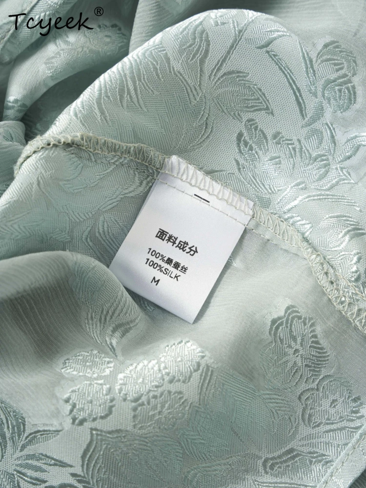 Tcyeek 100% マルベリーシルク春夏ラウンドネック 7 クォーターランタンスリーブストレートチューブソリッドカラーの女性のシャツ 여름옷