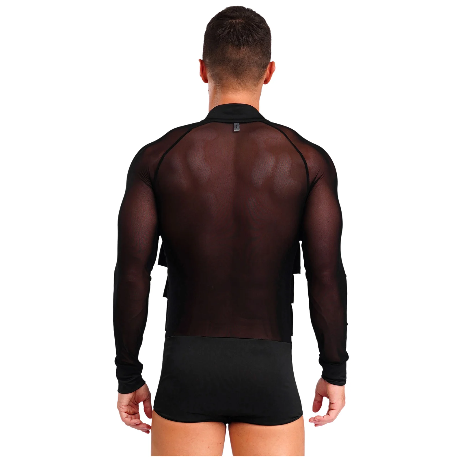 Hommes Latin Samba Salsa Tango danse moderne justaucorps chemises avec maille transparente col en V profond Jazz Rumba salle de bal body combinaison