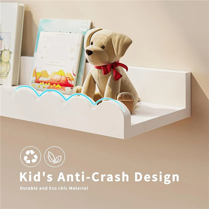 أرفف ديكور حائط للأطفال (4 قطع)، رف كتب حضانة عائم أبيض مقاس 15.6 بوصة، تصميم رف كتب صدفي