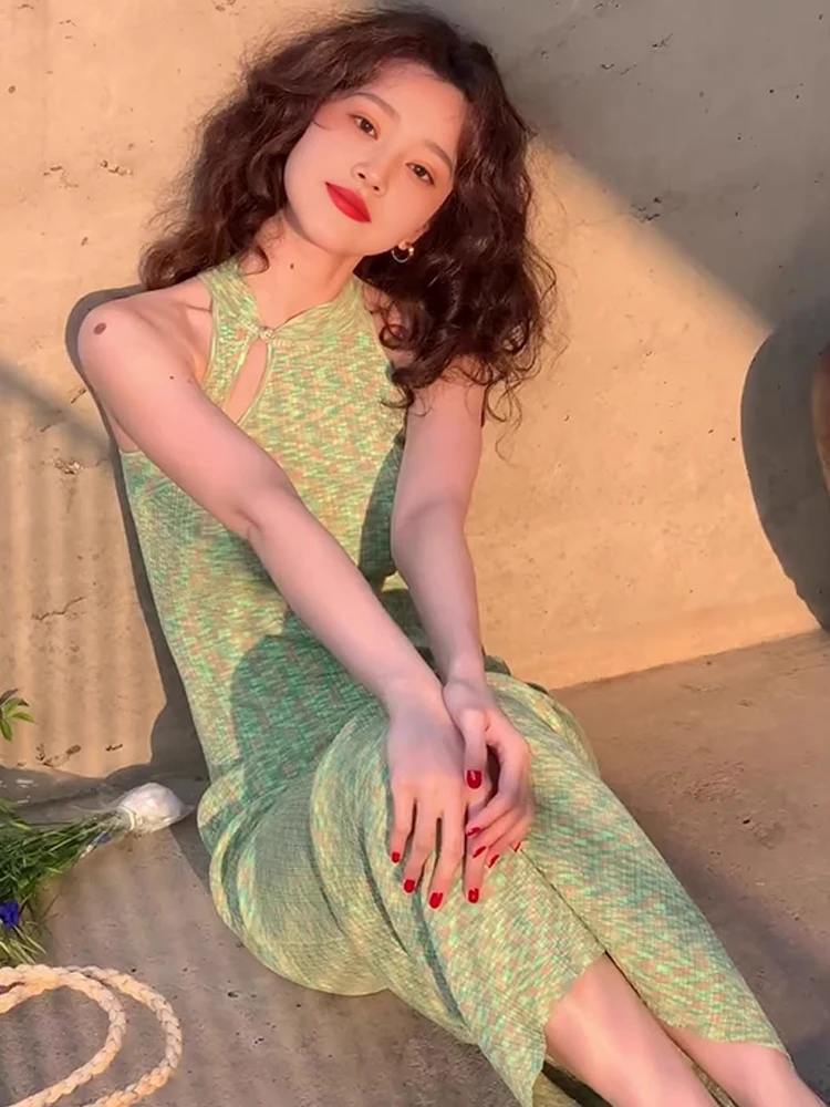 

Young Girl's Beach Vaion Design een Ne Hanging Long Qipao Dr Retro Sle round Collar No Sve Summer 2024