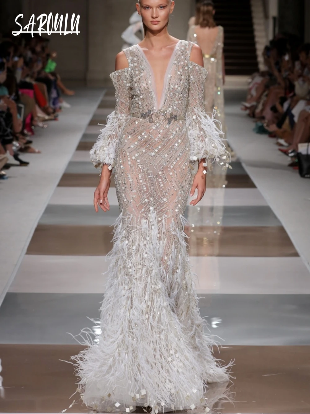 Formal Mermaid Feathered Evening Dress Sexy See Through Luxurious Red Carpet Women Cocktail Gown Customized Shiny Party Wear