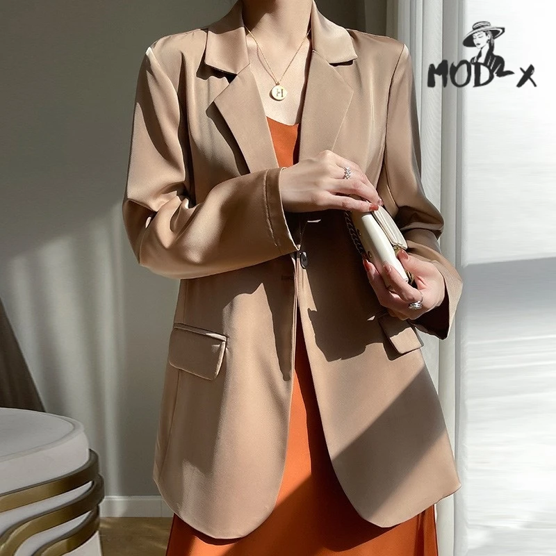 Women\'s Silk Satin Suit Jacket Summer New Sag All-matching Temperament Acetate Long Sleeve Monochromatic Sun Protection Suit