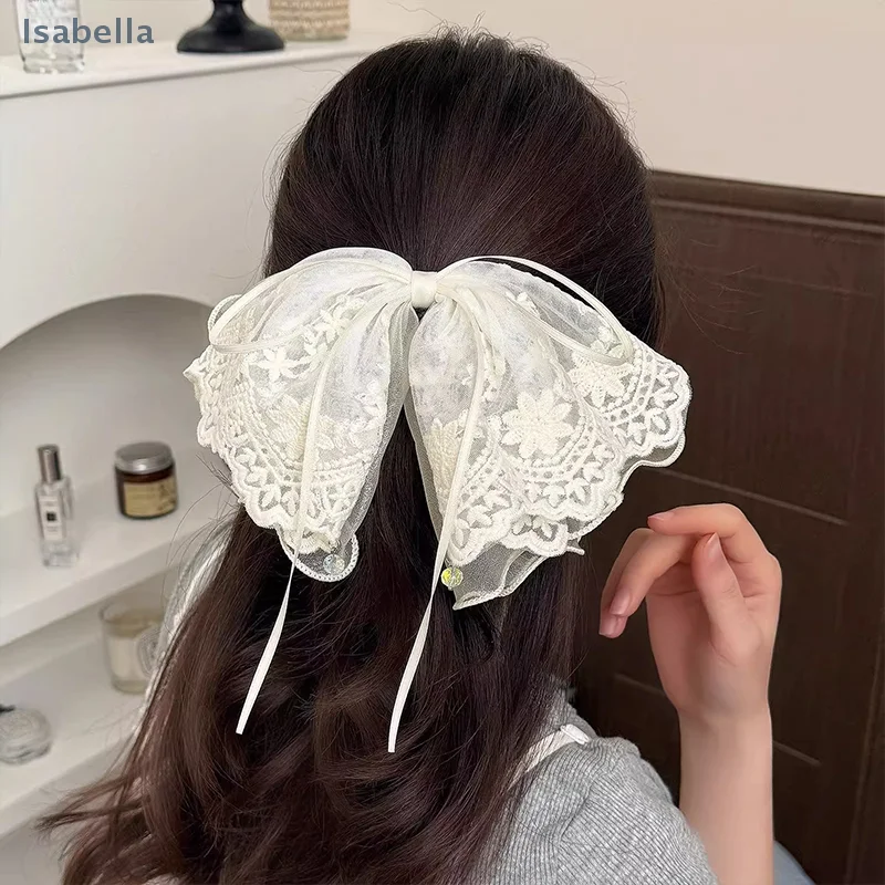 ♥ ♥ ♥ Jepit Rambut Poni Model Pita Besar Warna Beige dengan Renda, Jepit Rambut Model Shark Clip Elegan, Aksesoris Rambut