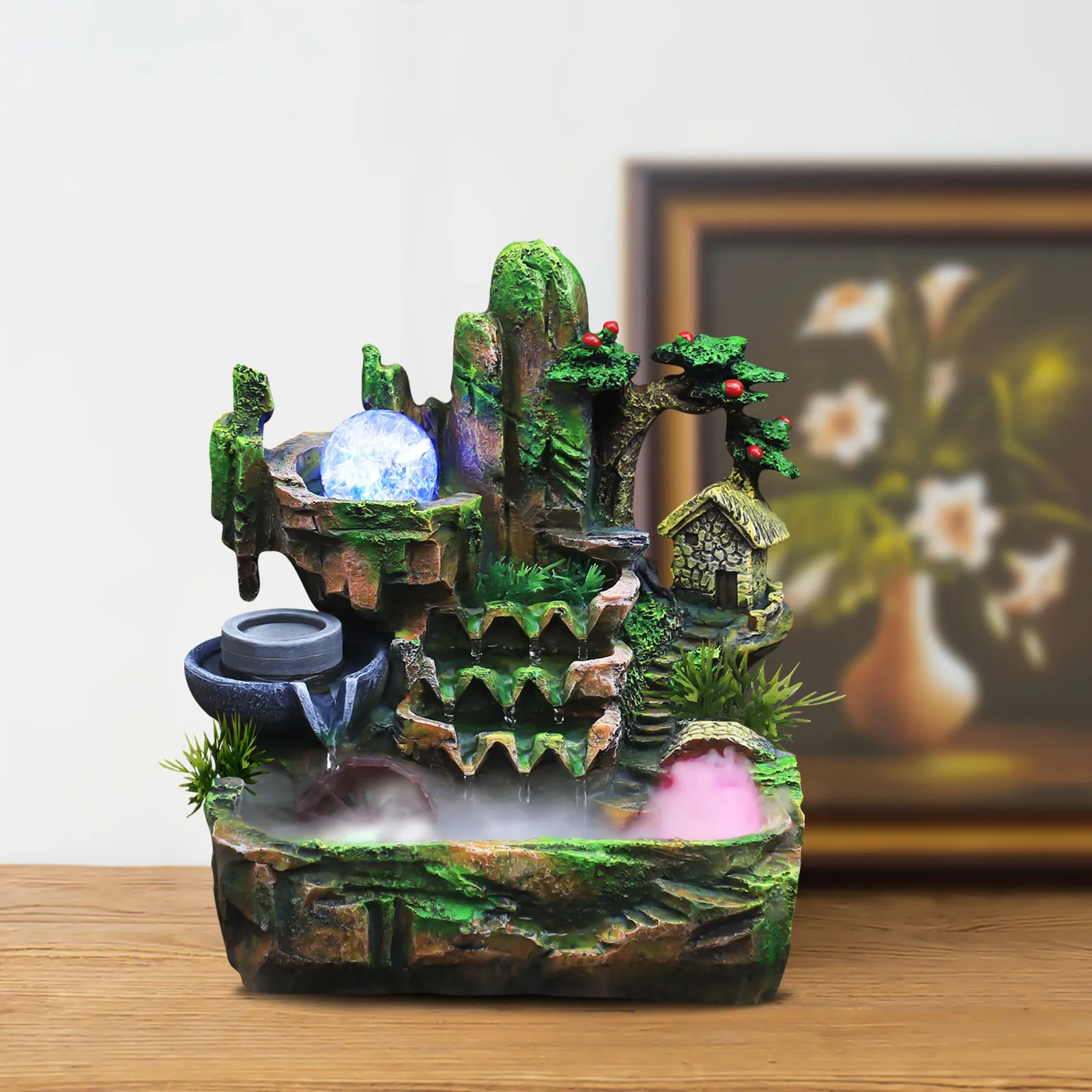 فنغ شوي نافورة الماء سطح المكتب اللون تغيير أضواء LED 110 فولت الولايات المتحدة التوصيل ريفي الراتنج مكتب ديكور تدفق شلال 26x20x28 سنتيمتر