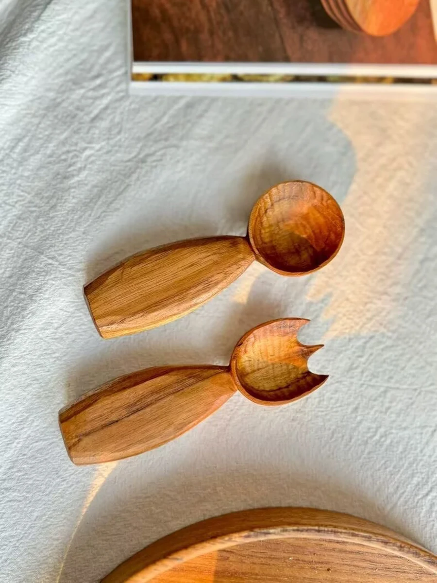 Handmade Teak Wood Spoon And Fork Cute Short Round Head Tableware Fat Handle Kids Mini Cutlery Natural Wooden Baby Utensils