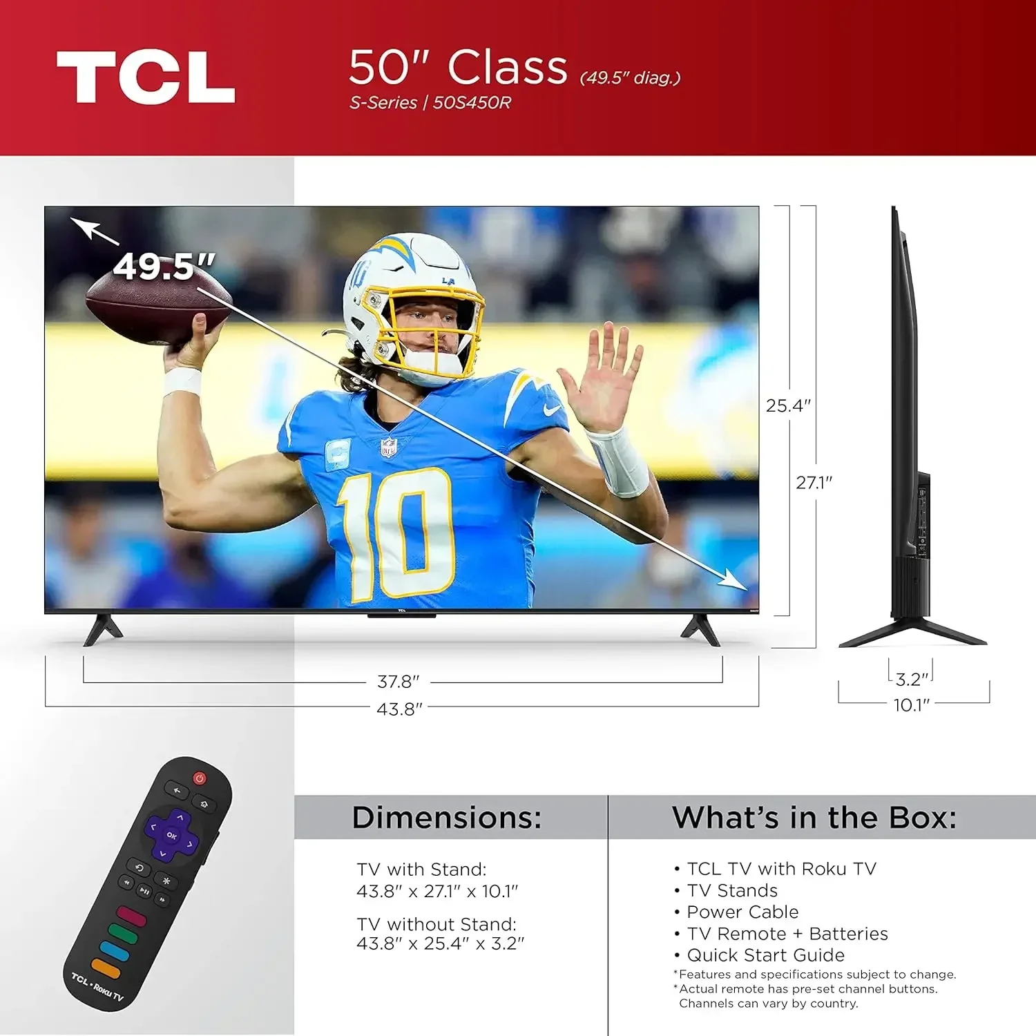 Roku TV 포함 4K LED 스마트 TV, 돌비 비전, HDR, 돌비 애트모스, 알렉사, 구글과 작동, 50 인치 클래스 S4, 50S450R, 2023 모델