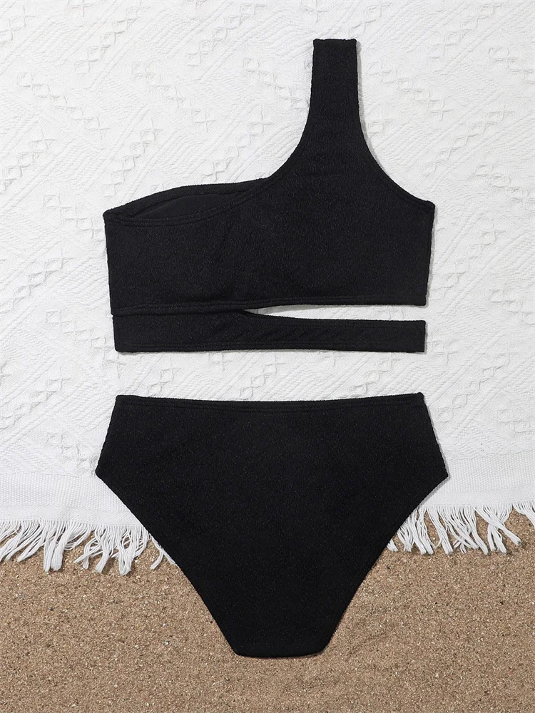 Girls\' Swimsuit Bikini 2024 New Solid One Shoulder Bikinis Set Children Swimwear Summer High Waist Kids Beach Wear Bathing Suit