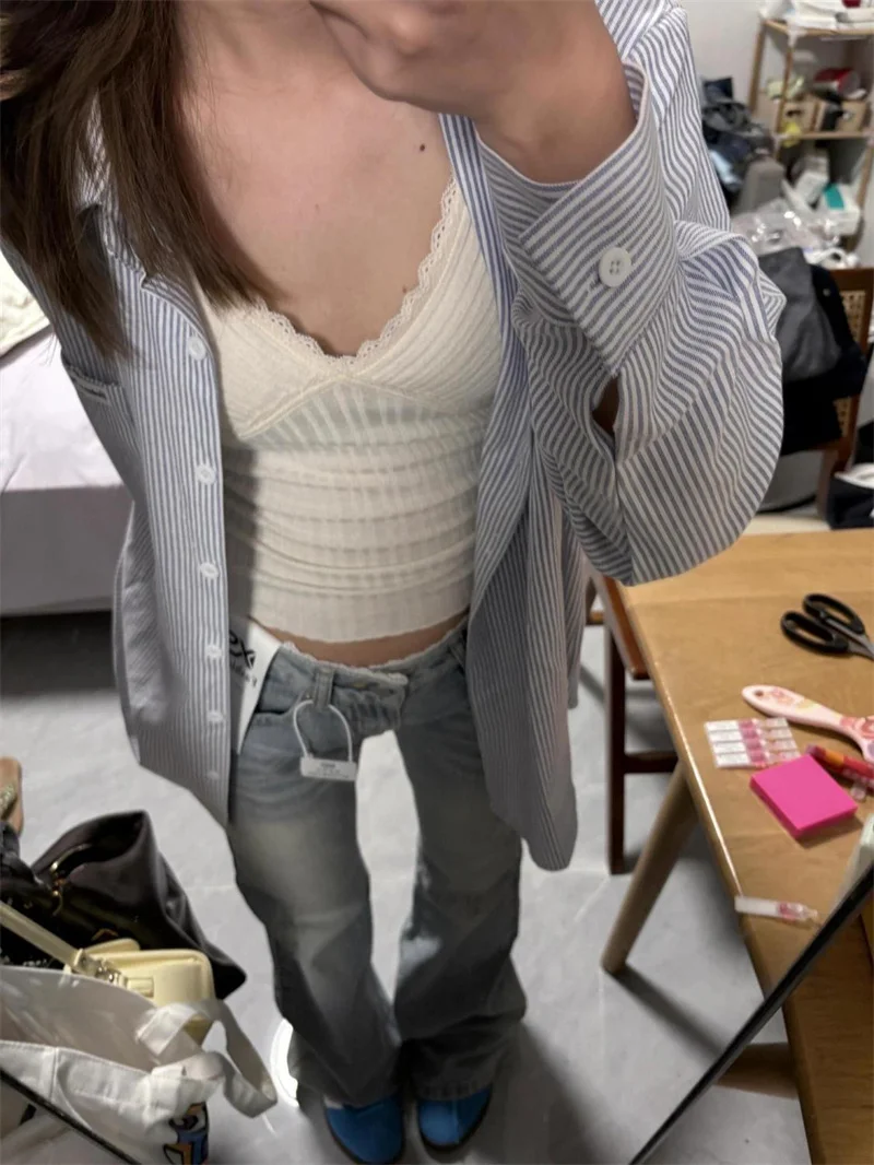 Jean Micro évasé en dentelle bleue délavée, Patchwork de Style américain, pour fille épicée, Look Slim, taille basse, pantalon à jambes droites, nouvelle collection 2025