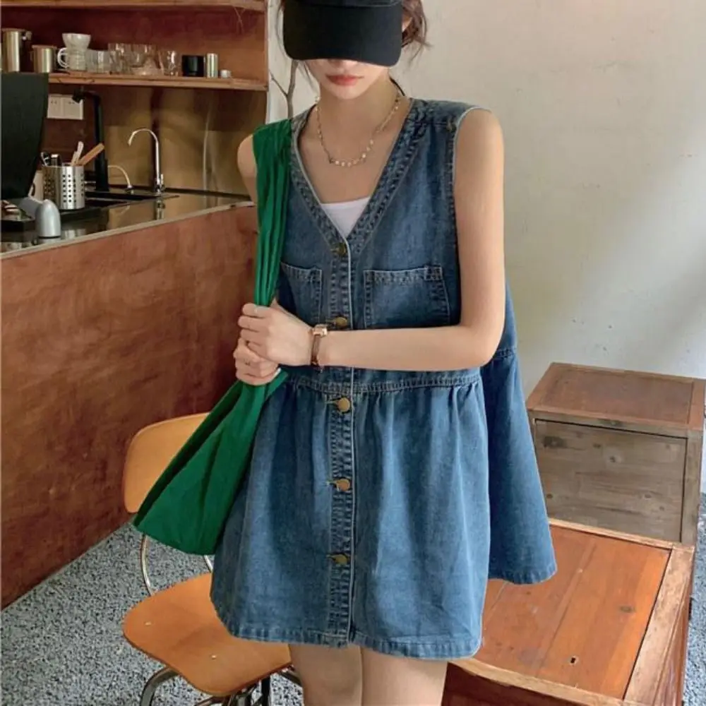 

High Waisted Cowboy Strap Dress V-neck Loose Denim Camisole Dress Pleated Single Breasted Sleeveless Short Dress Girls