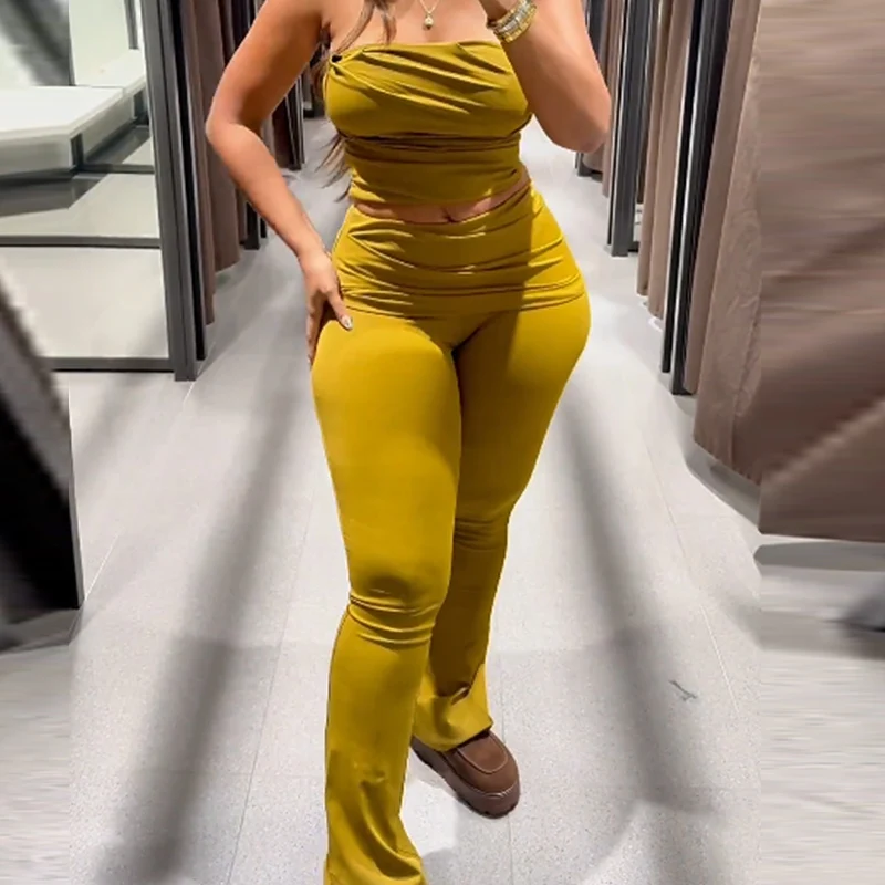 Hxao verde oliva conjuntos de calças finas femininas duas peças conjunto colheita fora do ombro babados tubo superior outfits meados de cintura flares calças conjuntos