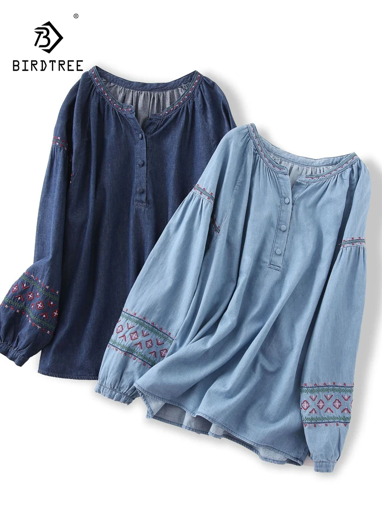 New 2025 Autumn Long Sleeve Denim Shirt, Women O Neck Embroidery Buttons, Mori Girl French Retro Versatile Loose Blouse T59948CC