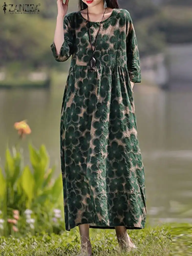 Frauen Blumen gedruckt lose lässig Midi-Kleid Zanzea Vintage Sommerkleid Herbst o Hals Ärmel böhmischen Vestido Robe Femme