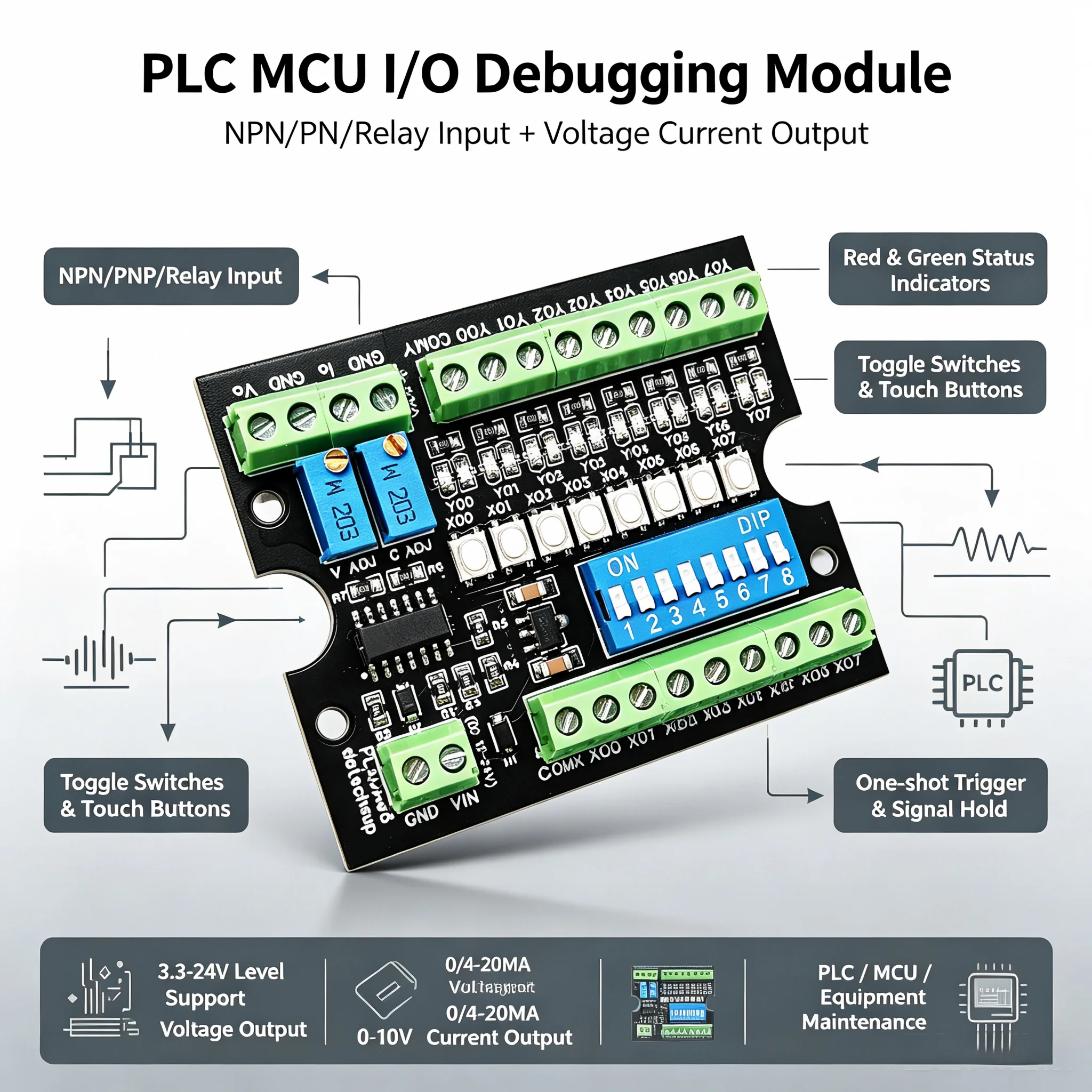 MCU PLC Simulation Debug Board 0-10V 4-20mA ADC DAC Tester NPN PNP DI-DO for Arduino ESP32 Raspberry Pi Micro:bit