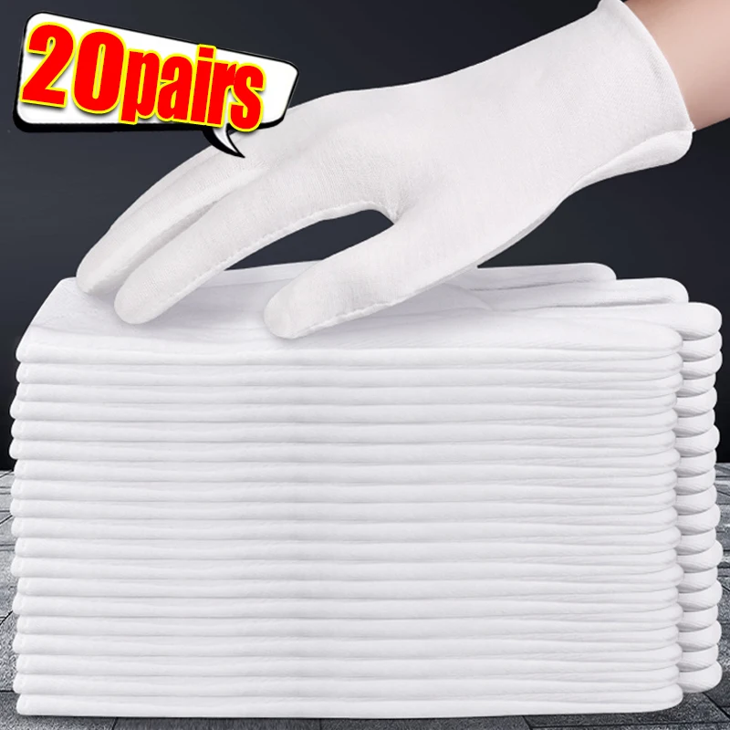 

1-50 пар мужских и женских этикетов с полным пальцем, белые хлопковые перчатки для официантов/водителей/ювелирных изделий/рабочих варежек, впитывающие пот перчатки