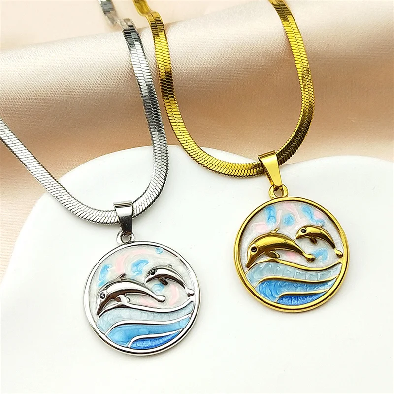 دولفين الأم والطفل المينا قلادة قلادة للنساء الفولاذ المقاوم للصدأ الذهب اللون خمر موجات المختنق سلسلة مجوهرات الأسرة
