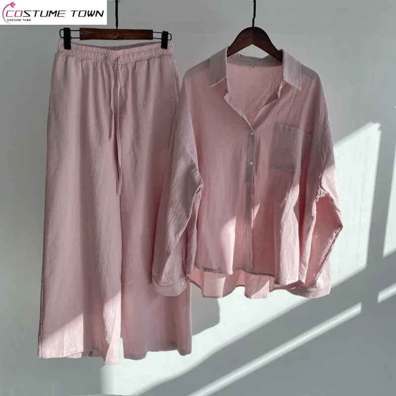 

Summer cross-border new cotton and linen shirt+high waisted loose pants two-piece set