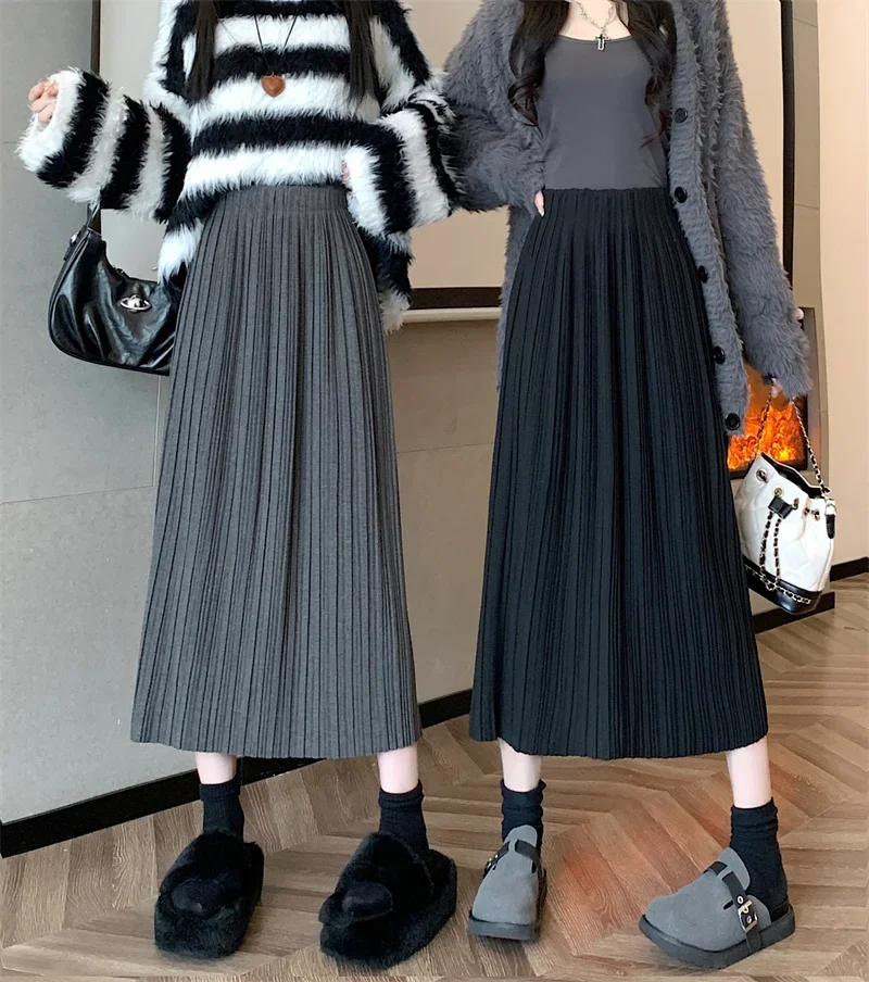 Fashion Pleated Dress Women Autumn Winter Elastic Waist A-line Woolen Long Skirt Streetwear