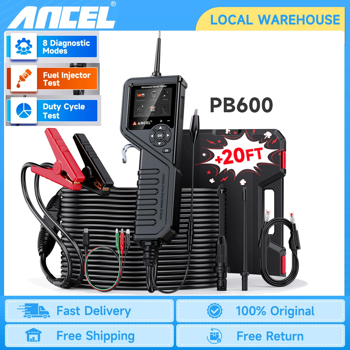 Ancel PB600 12V 24V Kit sonda di alimentazione per auto Iniettore di carburante Relè batteria Test Modalità oscilloscopio Strumento diagnostico del sistema batteria automatico