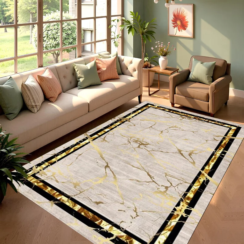 Luxury Gold Foil Marble Rectangular Carpet Greek Key Border Modern Soft Decorative Floor Mat for Living Room Bedroom Home Decor