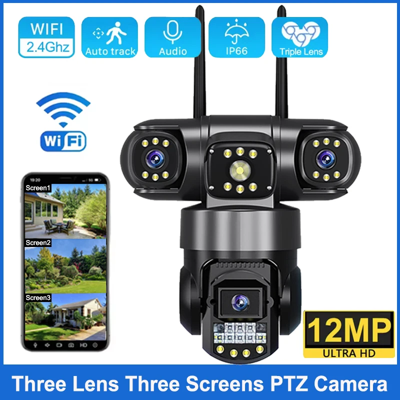 

WiFi IP Camera 12MP Three Lens Three Screens Outdoor CCTV Video Surveillance Auto Tracking Night Vision PTZ Home Security Camera