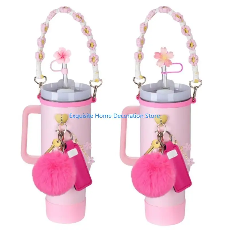 L5BF Delicate Cup Decors Set With Flower Accent Colorful Cup Accessory Set with Floral Decoration, Straw Seal & Holders