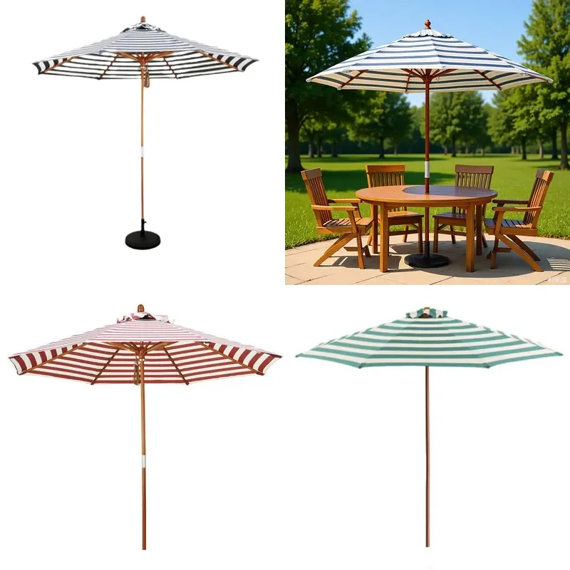 Black White Striped Solid Wood Patio Umbrella with Mid Column for Outdoor Garden Table Large Sunshade Beach Parasol