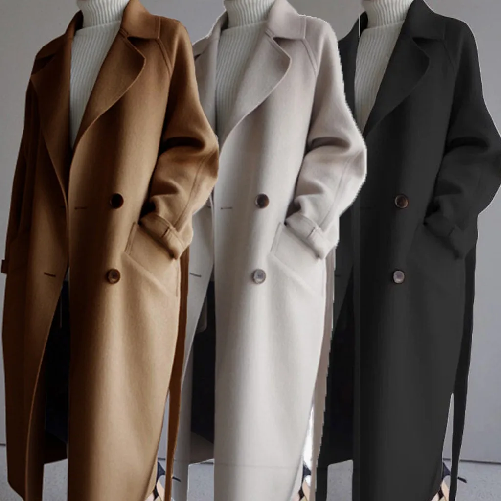 

Winter Women'S Jacket Womens Oversize Lapel Cashmere Wool Blend Belt Trench Coat Outwear Jacket Loose Style High-End Wool Coat