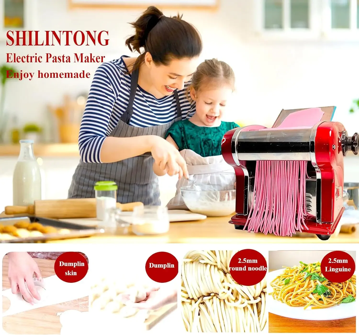 Pasta Maker Household Noodle Making Dough Pressing Machine Built-in 2.5mm Cutter 135W 5Kg/H Output for Commercial Home Use