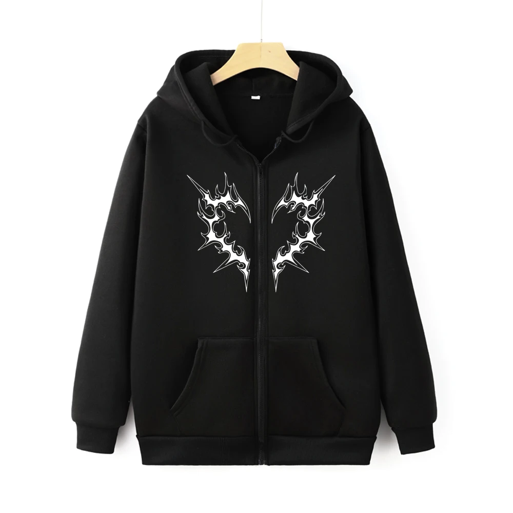 Casual Vintage Y2K Zipper Sweatshirt Harajuku Gothic Heart Graphic Print Unisex Zip-up Hoodie Autumn Fashion Women's Zip Hoody