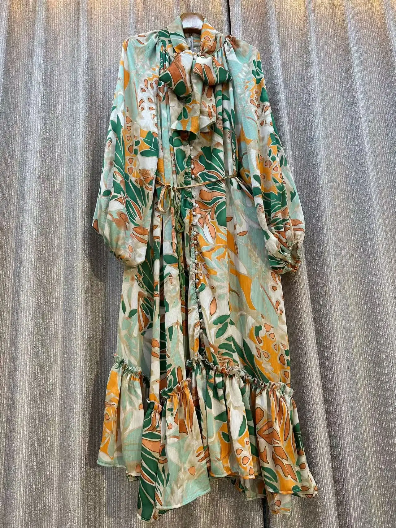 

2026 New Elegant Dresses For Women Bow-neck Puff Sleeve Print Patchwork Vestidos Autumn Fashion Loose Versatile Evening Dress